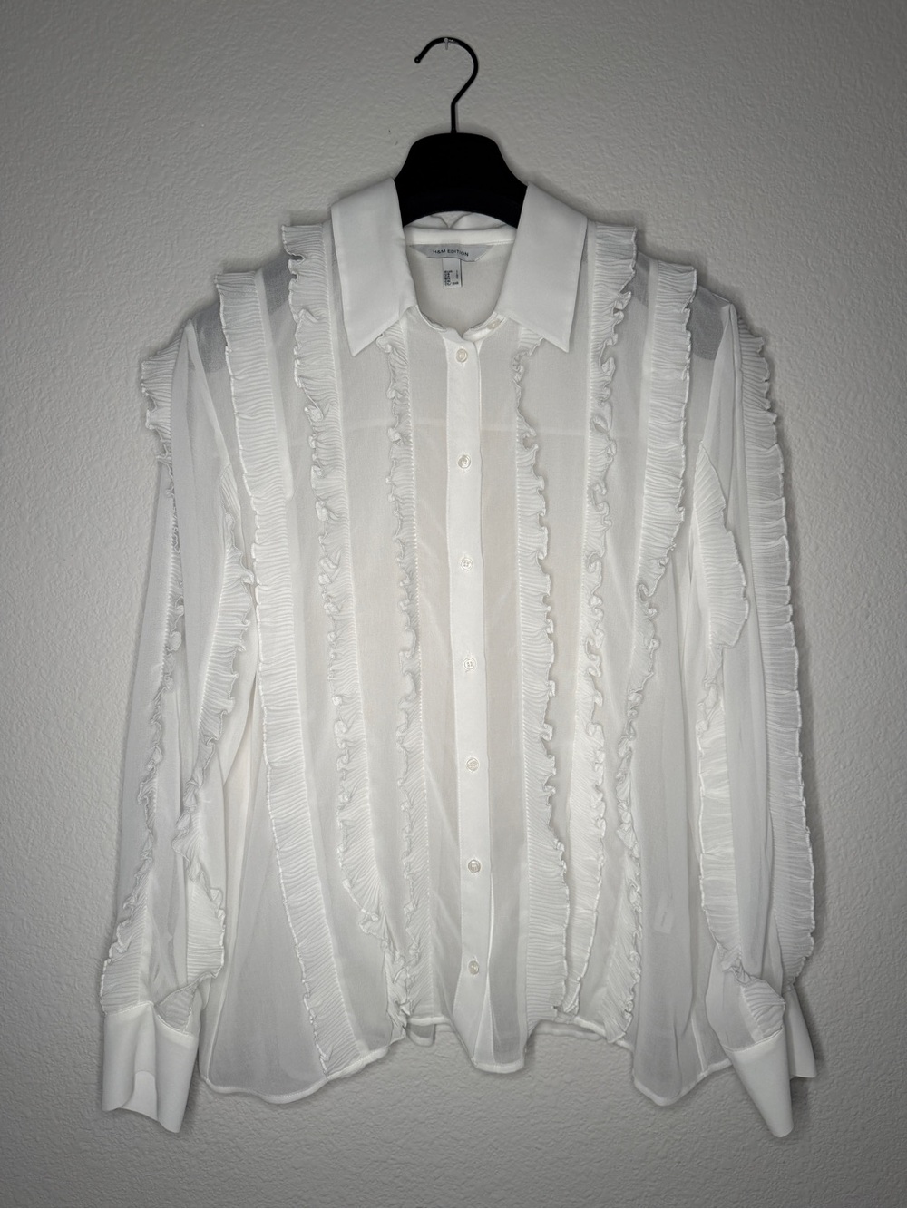 Elegant White Ruffle-Trim Button-Up Shirt - Women's/Men's Style
